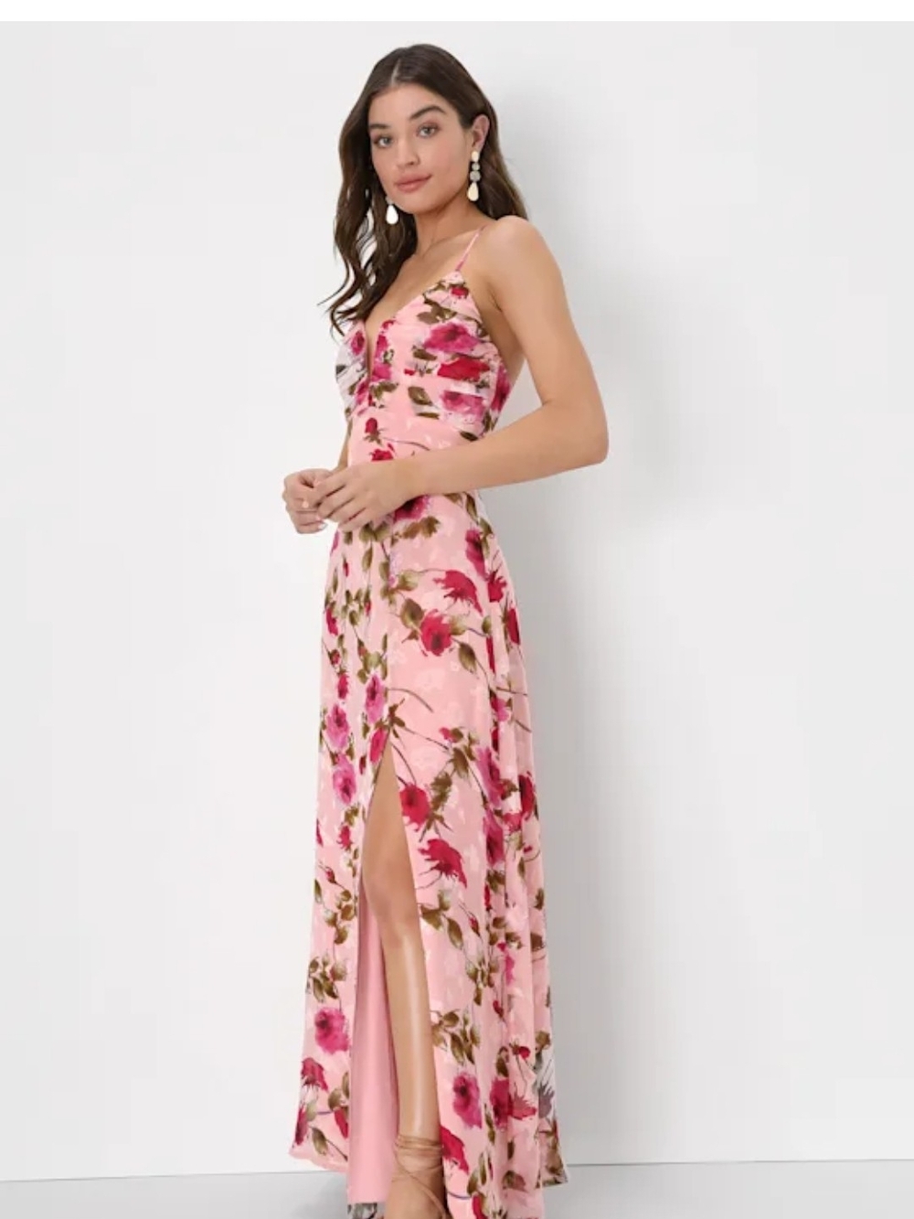 Lulu's Pink Floral Spaghetti-Strap Maxi Dress